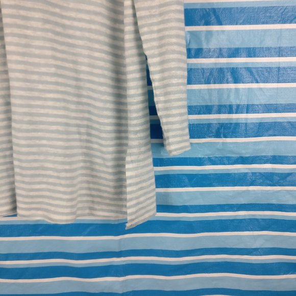 Linen Blouse, 100% Linen Blue Gray White striped top Mother of pearl button, S - Picture 5 of 10